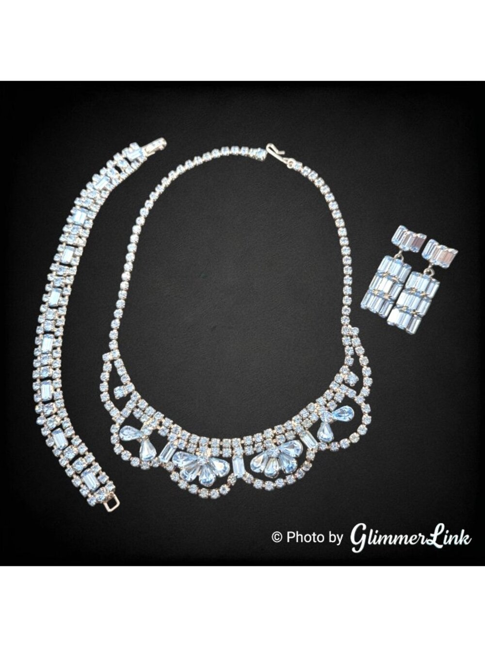 Vintage Ice Blue Rhinestone Necklace Bracelet Earrings Set Art Deco Style